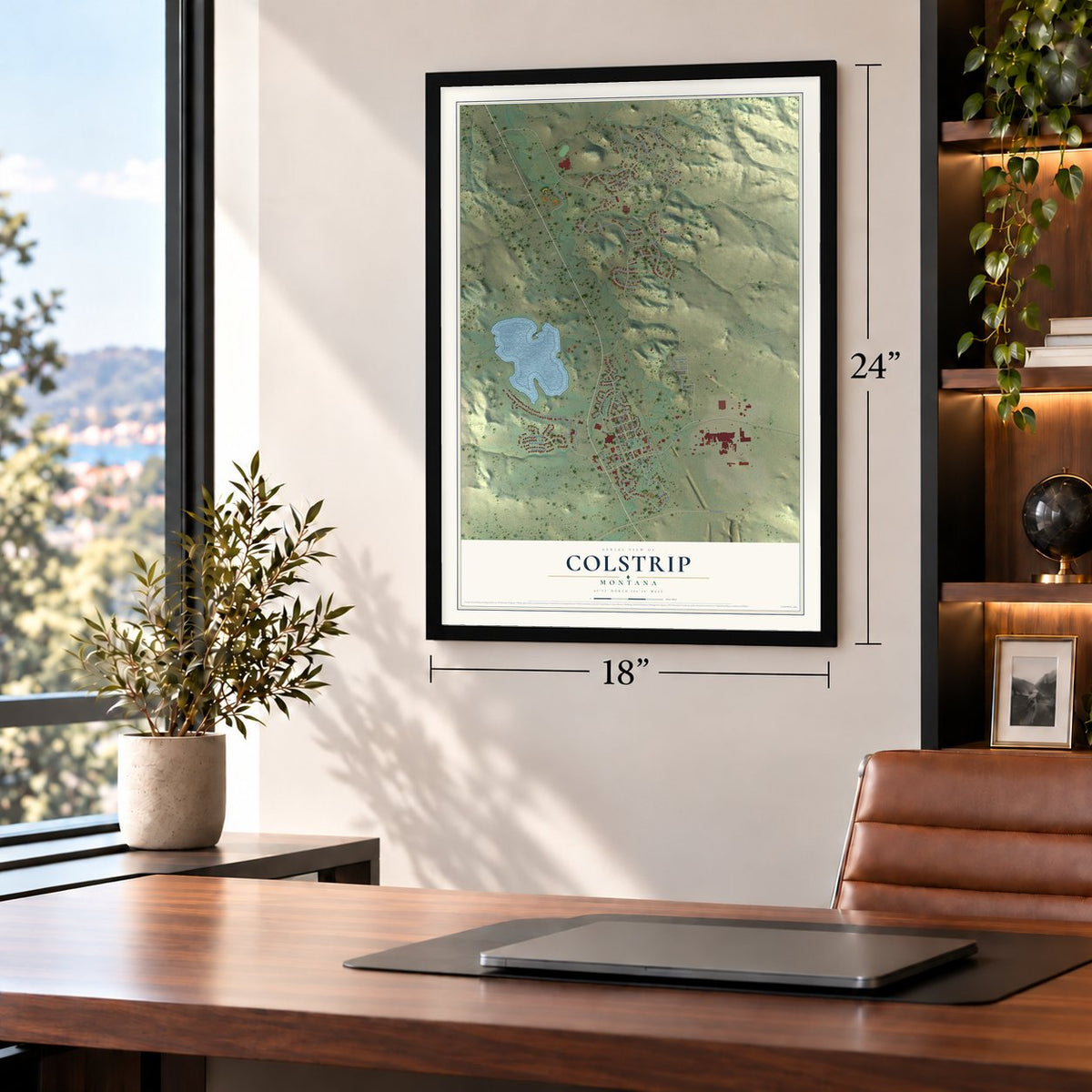 Colstrip, Montana map, 18 x 24 inch print in a black frame in a home office