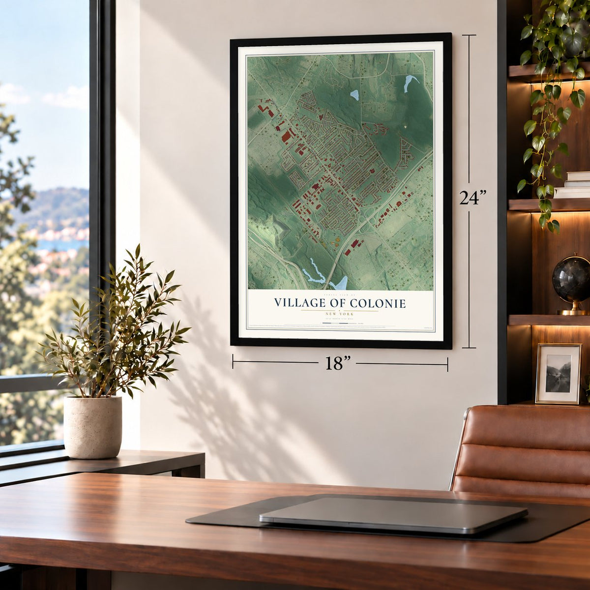 Village of Colonie, New York map, 18 x 24 inch print in a black frame in a home office