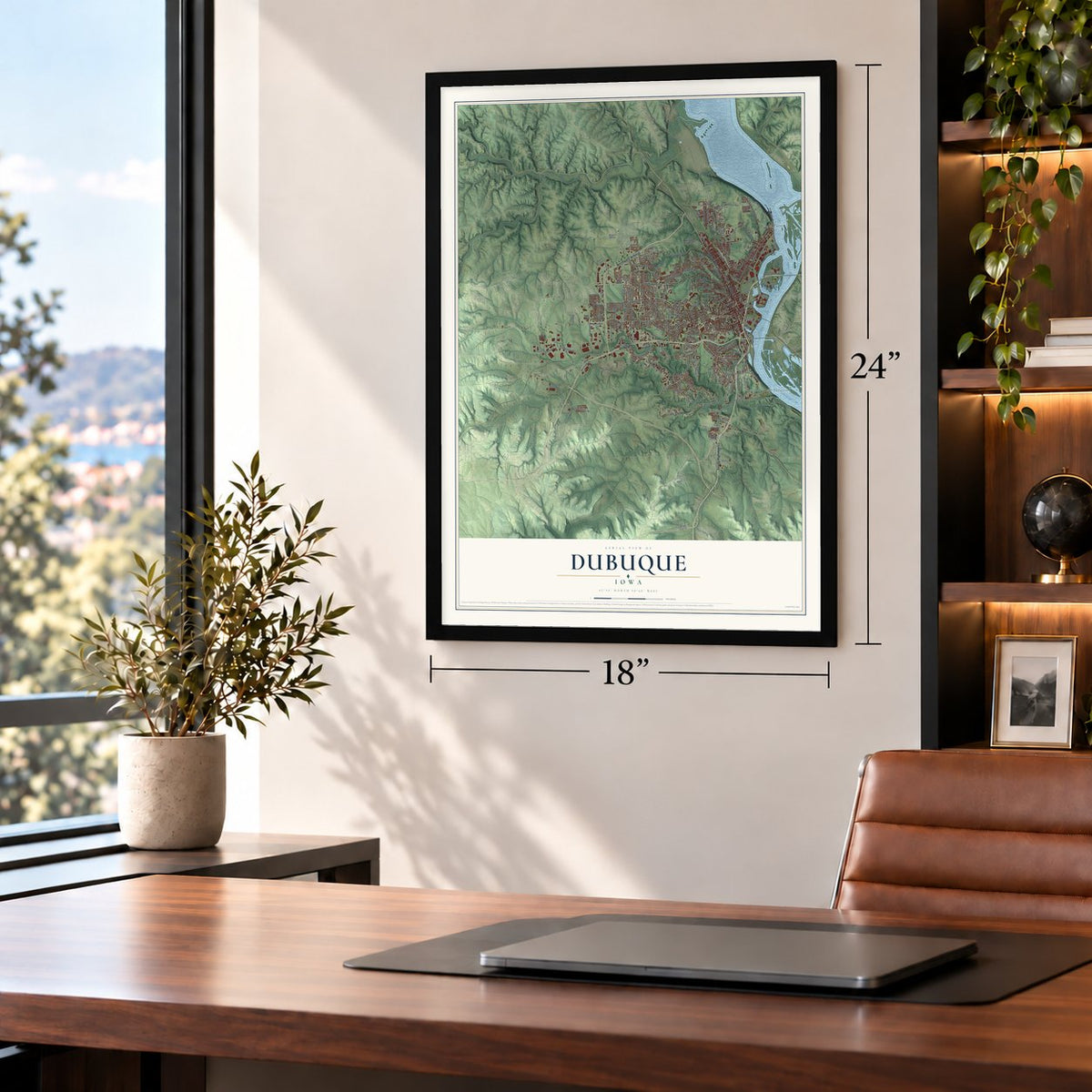 Dubuque, Iowa map, 18 x 24 inch print in a black frame in a home office