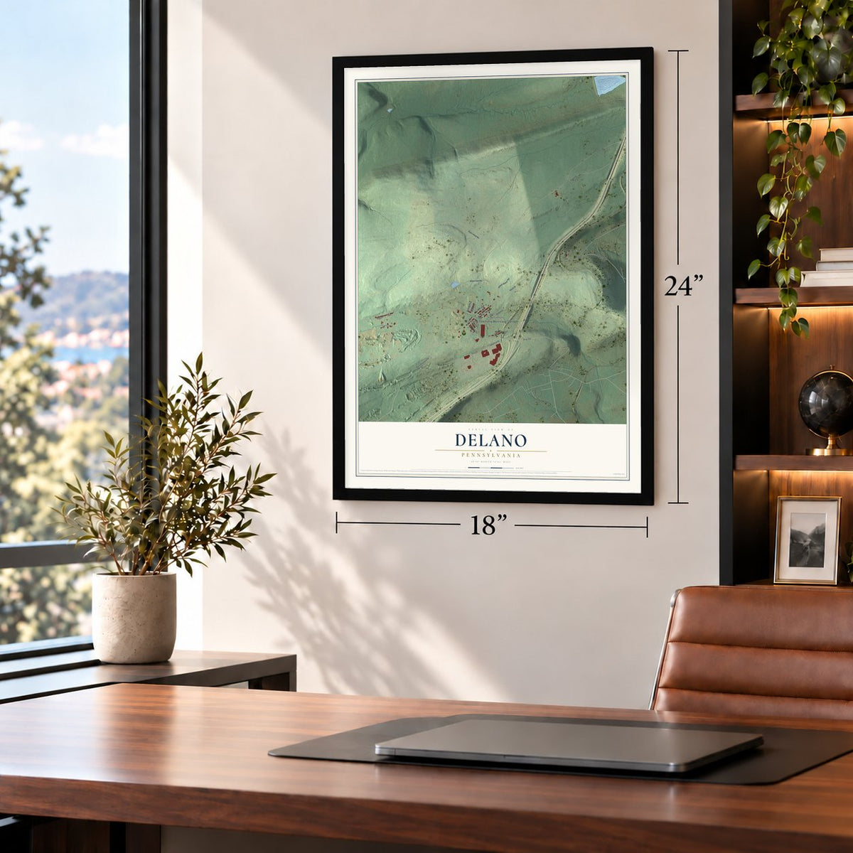 Delano, Pennsylvania map, 18 x 24 inch print in a black frame in a home office
