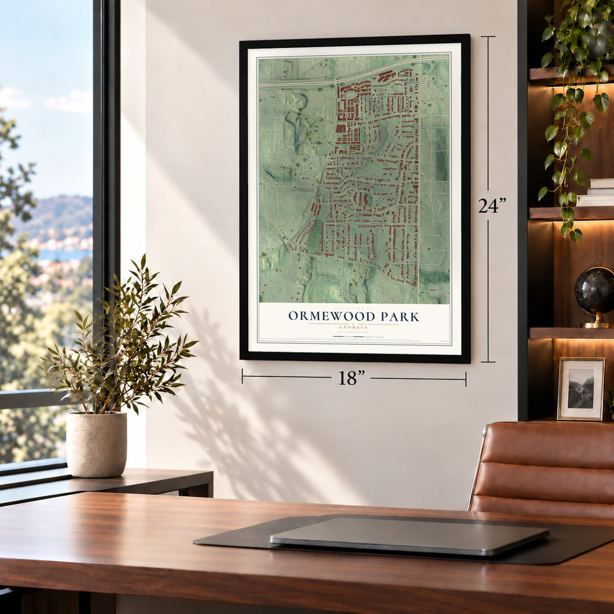 Ormewood Park, Georgia map, 18 x 24 inch print in a black frame in a home office