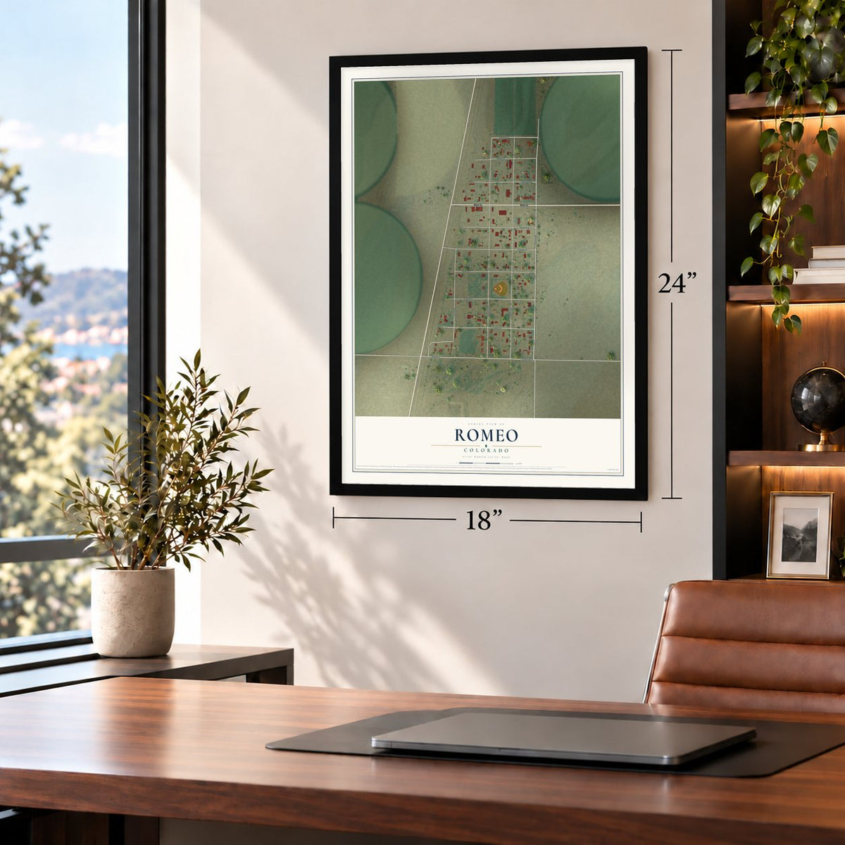 Romeo, Colorado map, 18 x 24 inch print in a black frame in a home office
