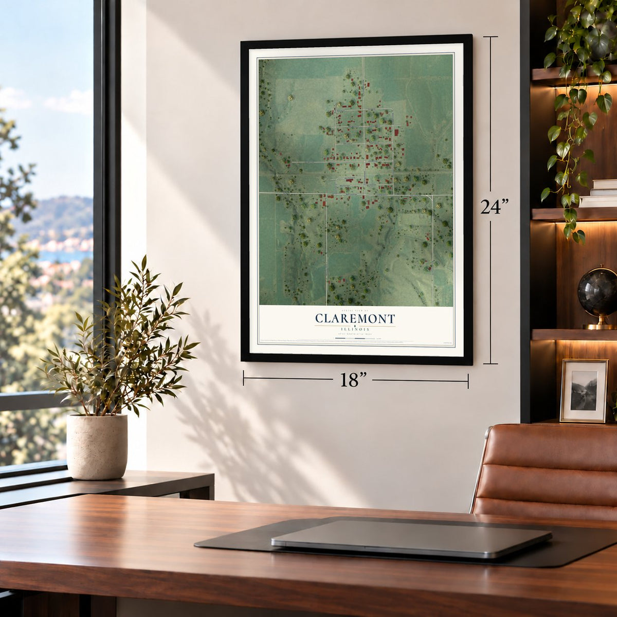 Claremont, Illinois map, 18 x 24 inch print in a black frame in a home office