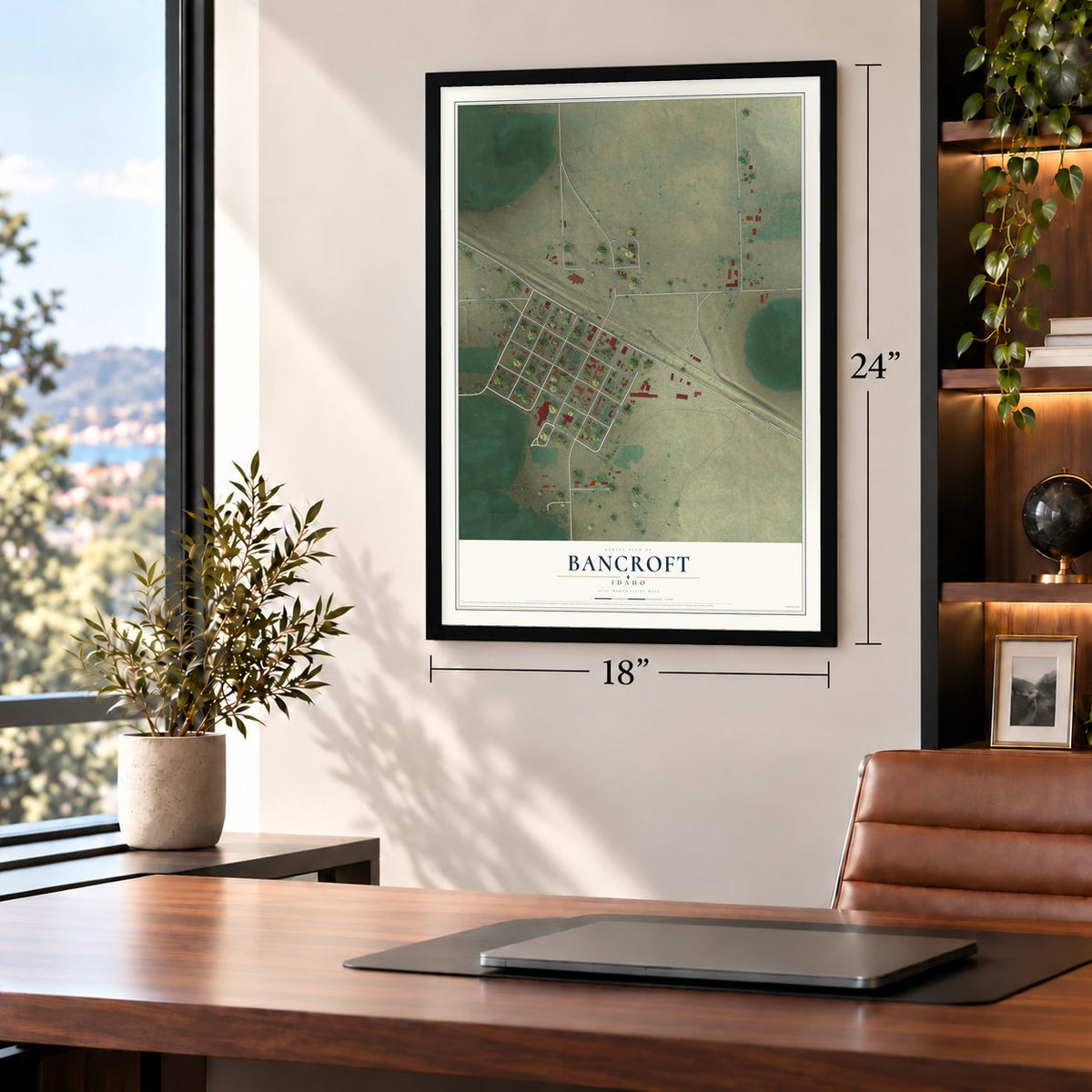 Bancroft, Idaho map, 18 x 24 inch print in a black frame in a home office