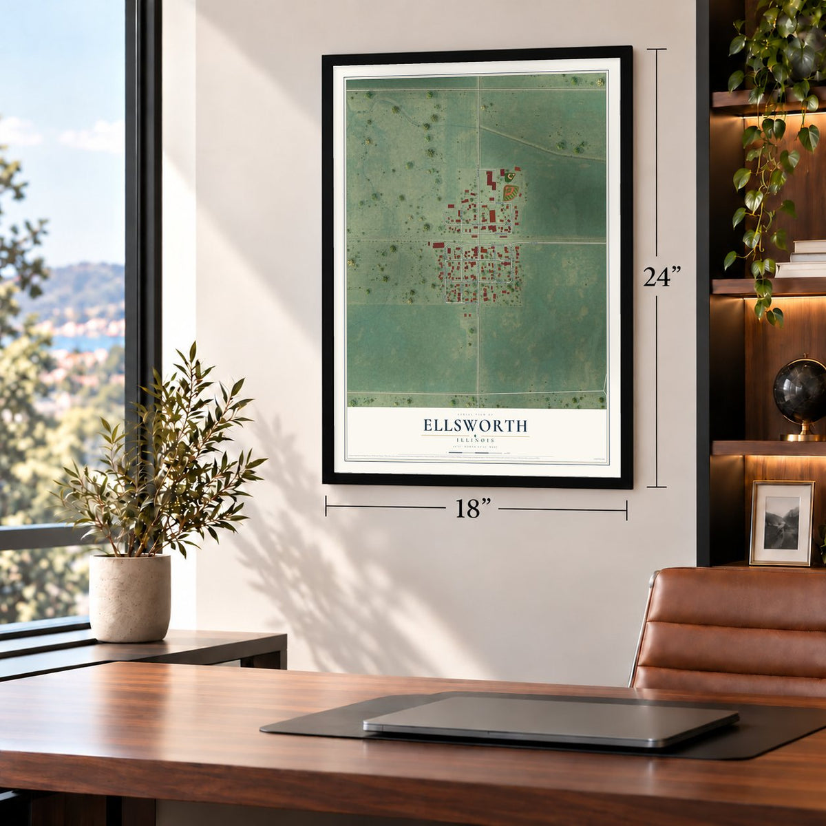 Ellsworth, Illinois map, 18 x 24 inch print in a black frame in a home office