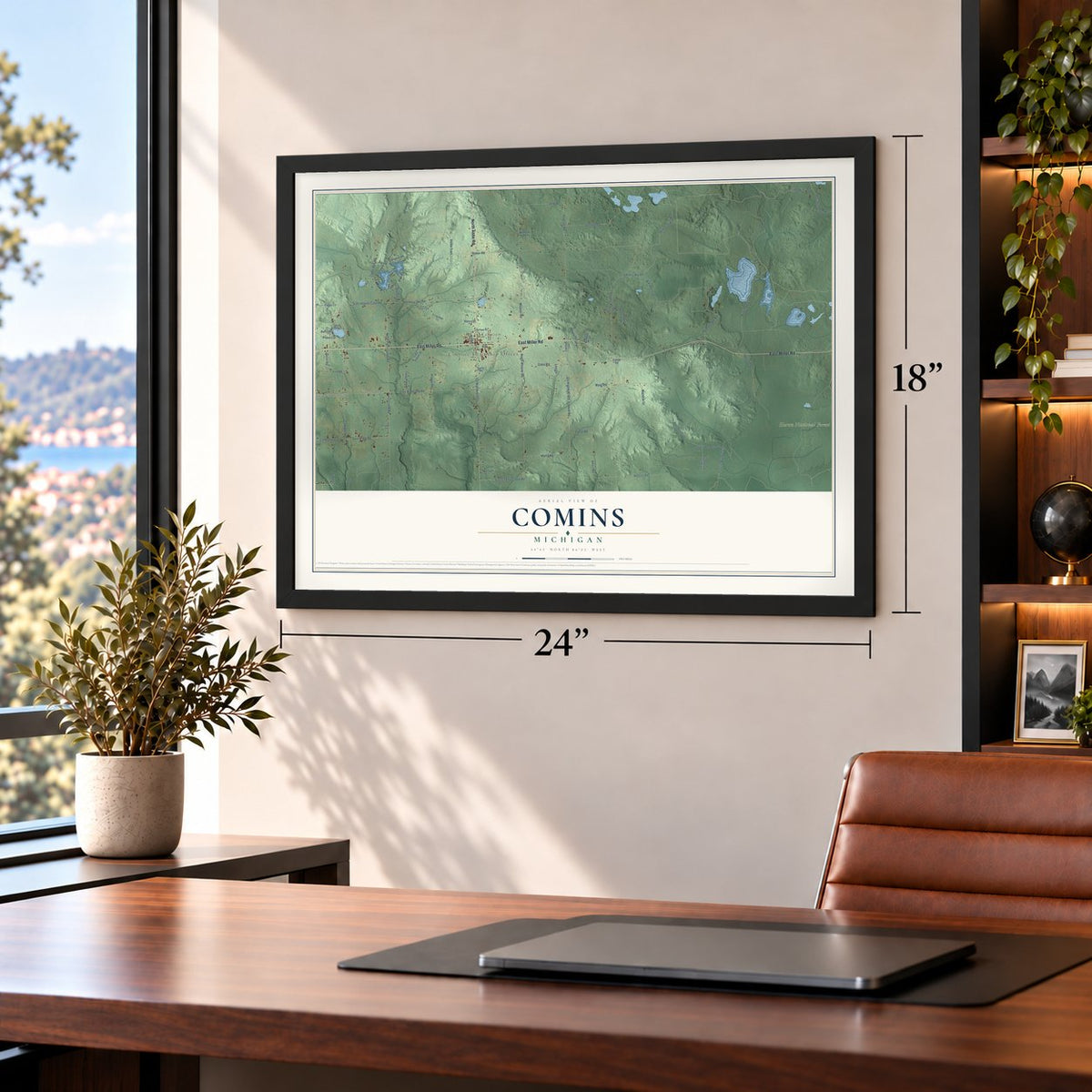Comins, Michigan map, 18 x 24 inch print in a black frame in a home office
