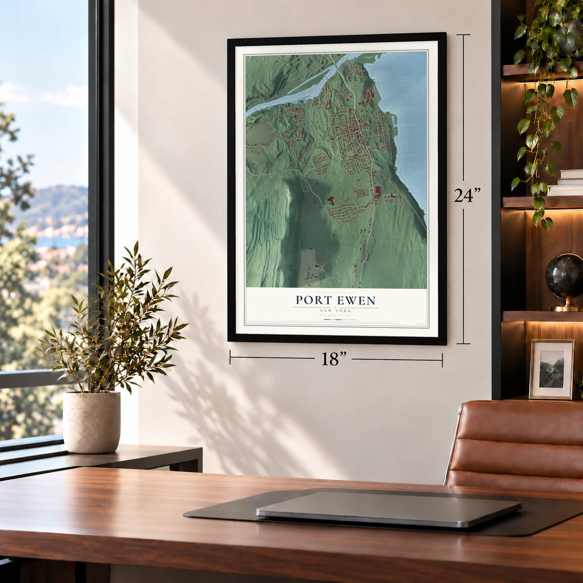 Port Ewen, New York map, 18 x 24 inch print in a black frame in a home office