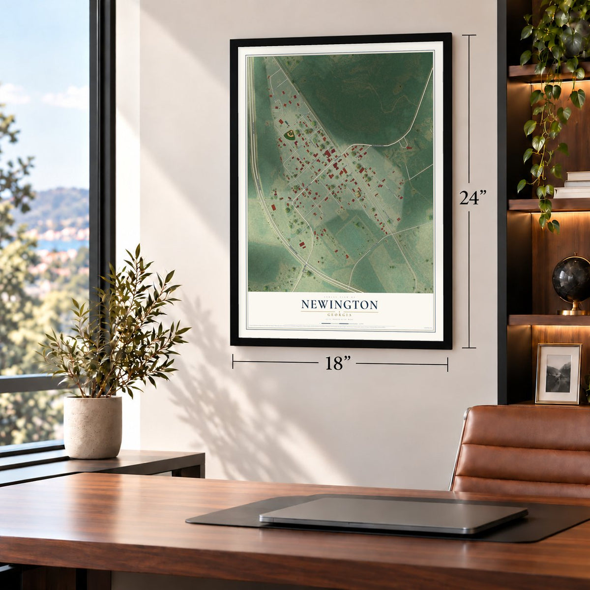 Newington, Georgia map, 18 x 24 inch print in a black frame in a home office