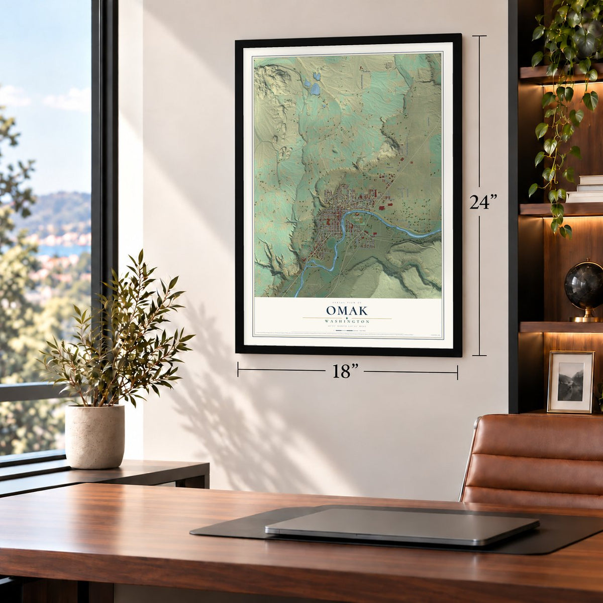 Omak, Washington map, 18 x 24 inch print in a black frame in a home office