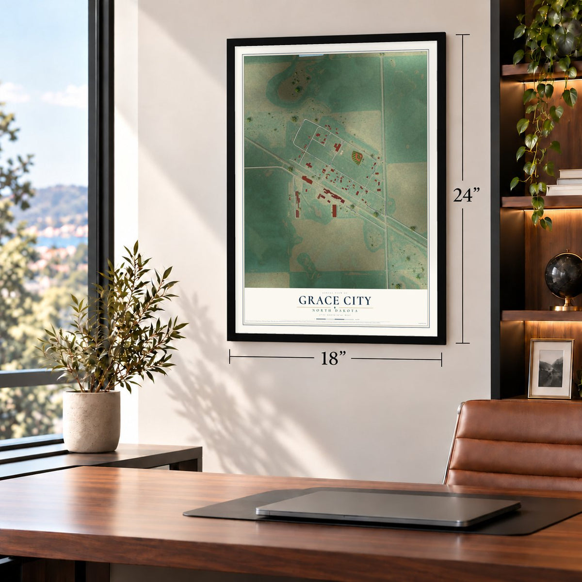 Grace City, North Dakota map, 18 x 24 inch print in a black frame in a home office