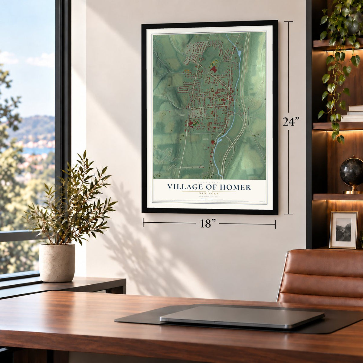Village of Homer, New York map, 18 x 24 inch print in a black frame in a home office