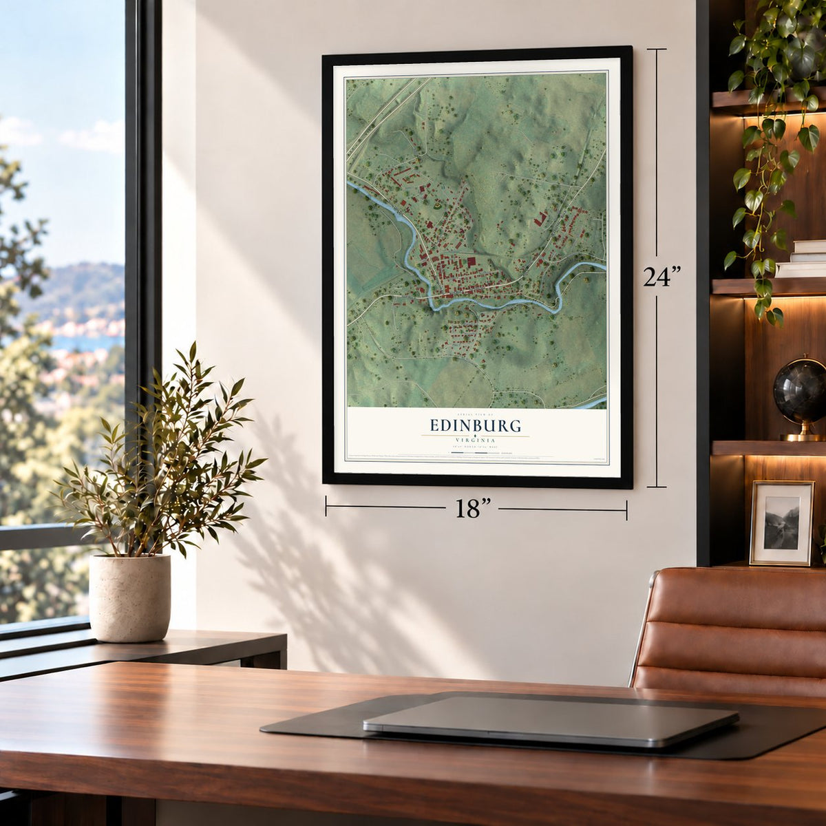 Edinburg, Virginia map, 18 x 24 inch print in a black frame in a home office