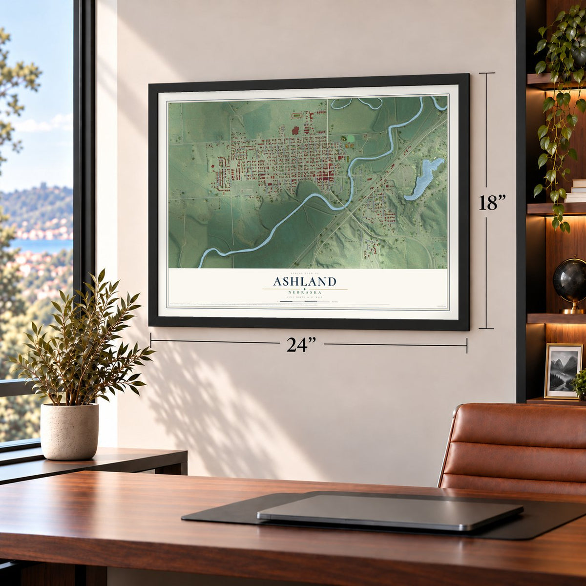 Ashland, Nebraska map, 18 x 24 inch print in a black frame in a home office