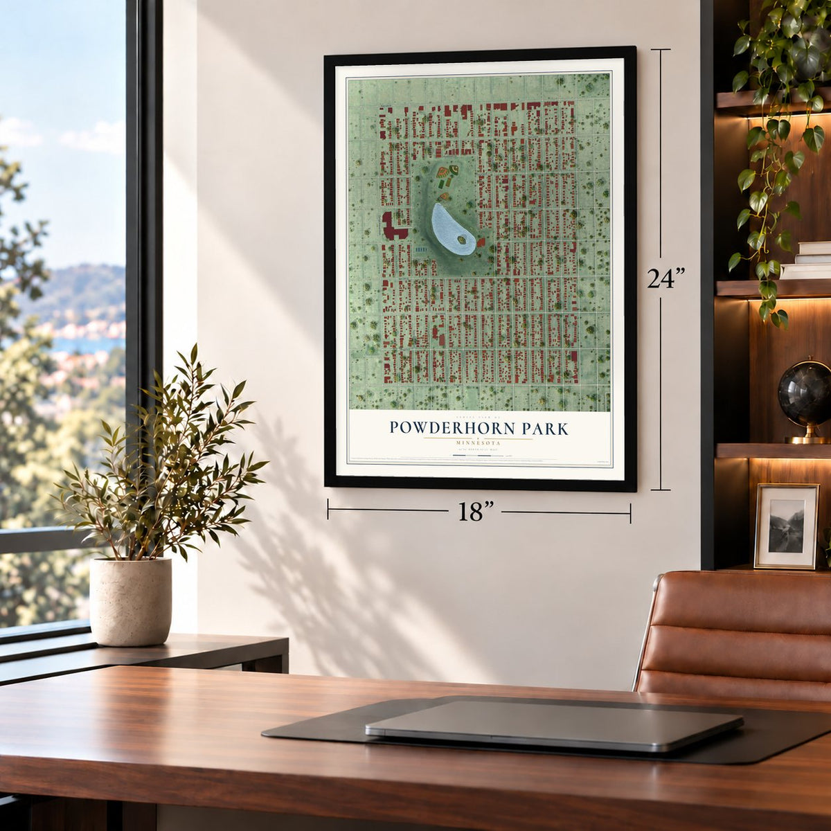 Powderhorn Park, Minnesota map, 18 x 24 inch print in a black frame in a home office