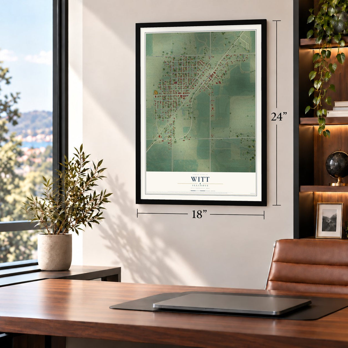 Witt, Illinois map, 18 x 24 inch print in a black frame in a home office