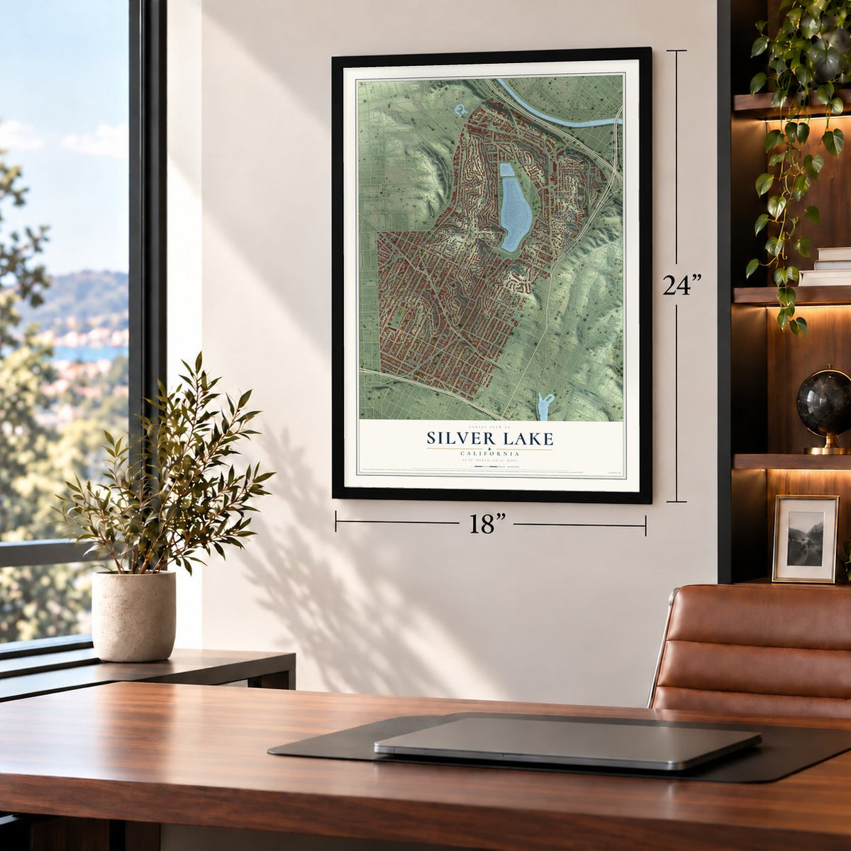Silver Lake, California map, 18 x 24 inch print in a black frame in a home office