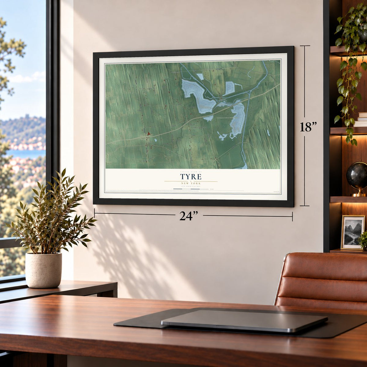 Tyre, New York map, 18 x 24 inch print in a black frame in a home office