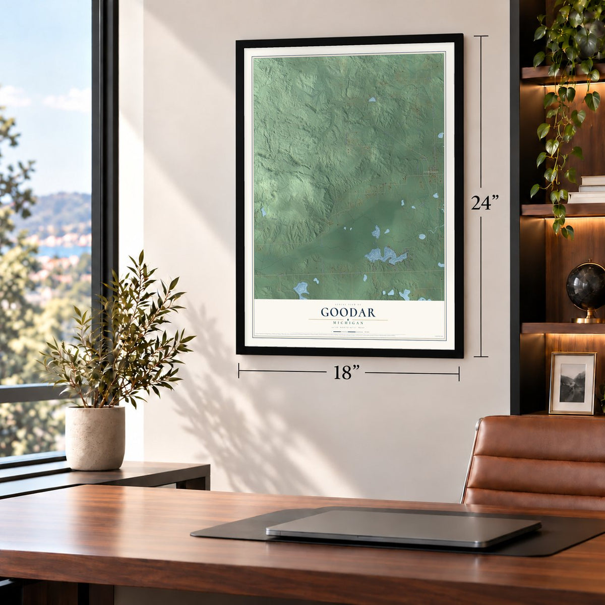 Goodar, Michigan map, 18 x 24 inch print in a black frame in a home office