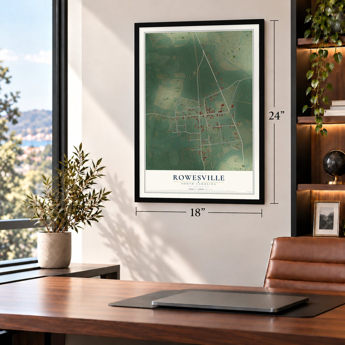 Rowesville, South Carolina map, 18 x 24 inch print in a black frame in a home office