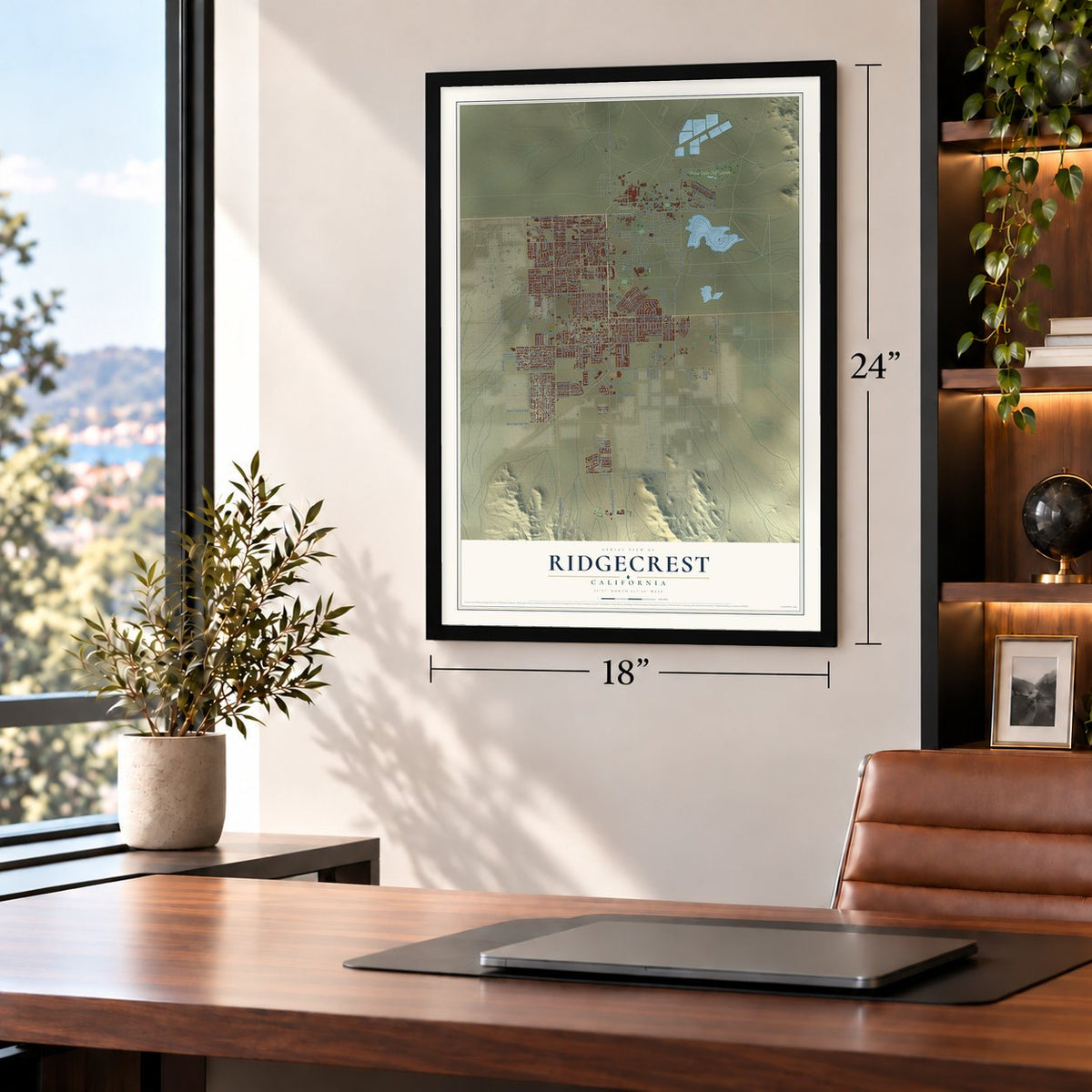 Ridgecrest, California map, 18 x 24 inch print in a black frame in a home office