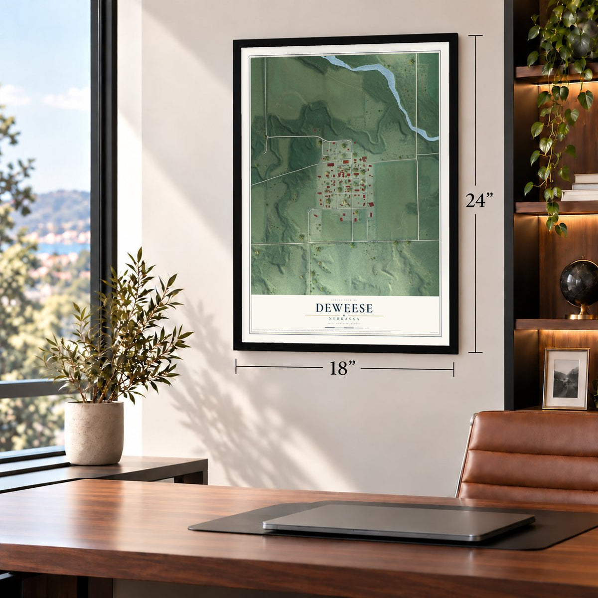 Deweese, Nebraska map, 18 x 24 inch print in a black frame in a home office