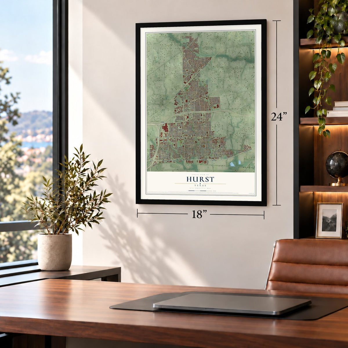 Hurst, Texas map, 18 x 24 inch print in a black frame in a home office
