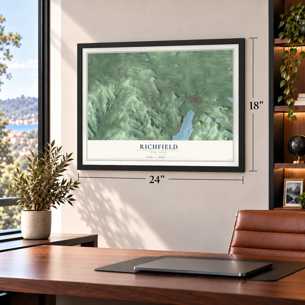 Richfield, New York map, 18 x 24 inch print in a black frame in a home office