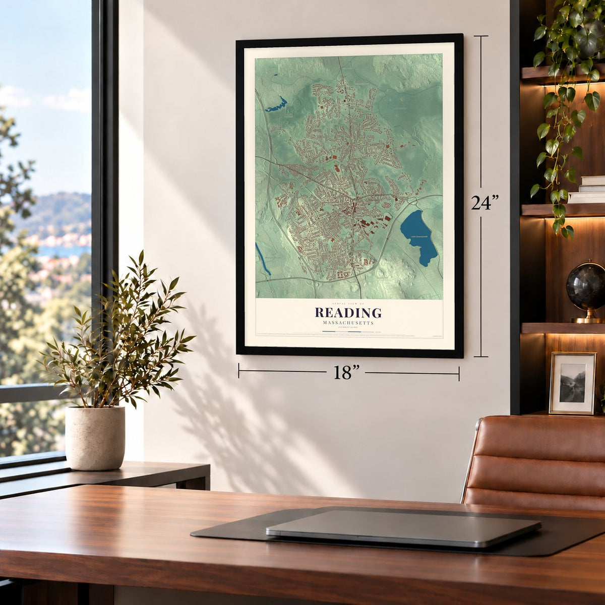 Reading, Massachusetts map, 18 x 24 inch print in a black frame in a home office