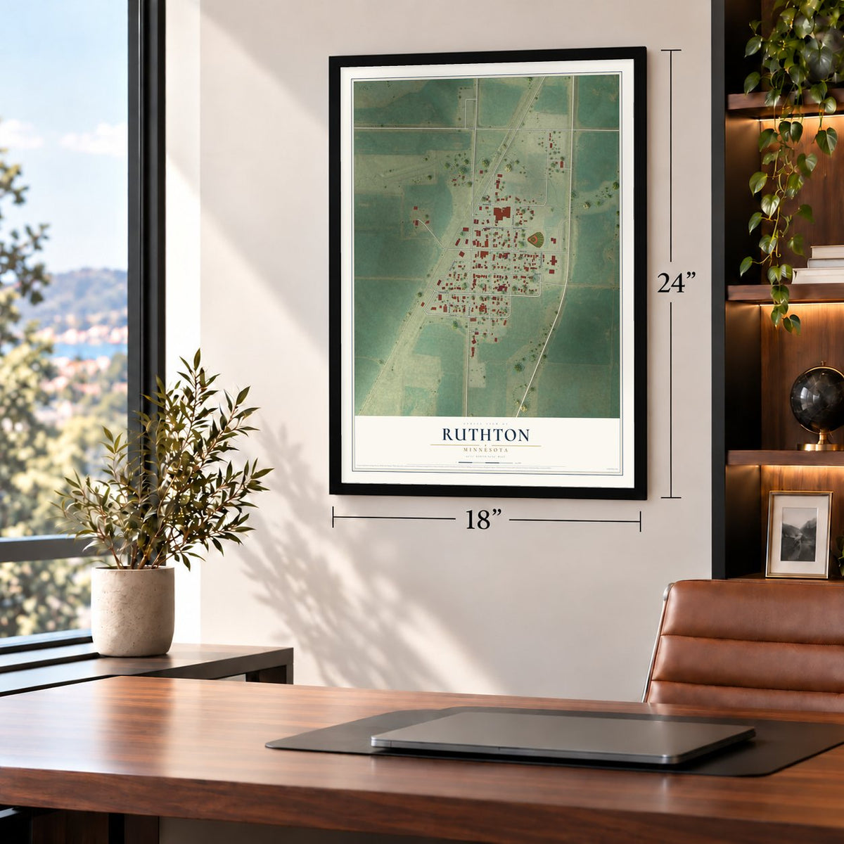 Ruthton, Minnesota map, 18 x 24 inch print in a black frame in a home office