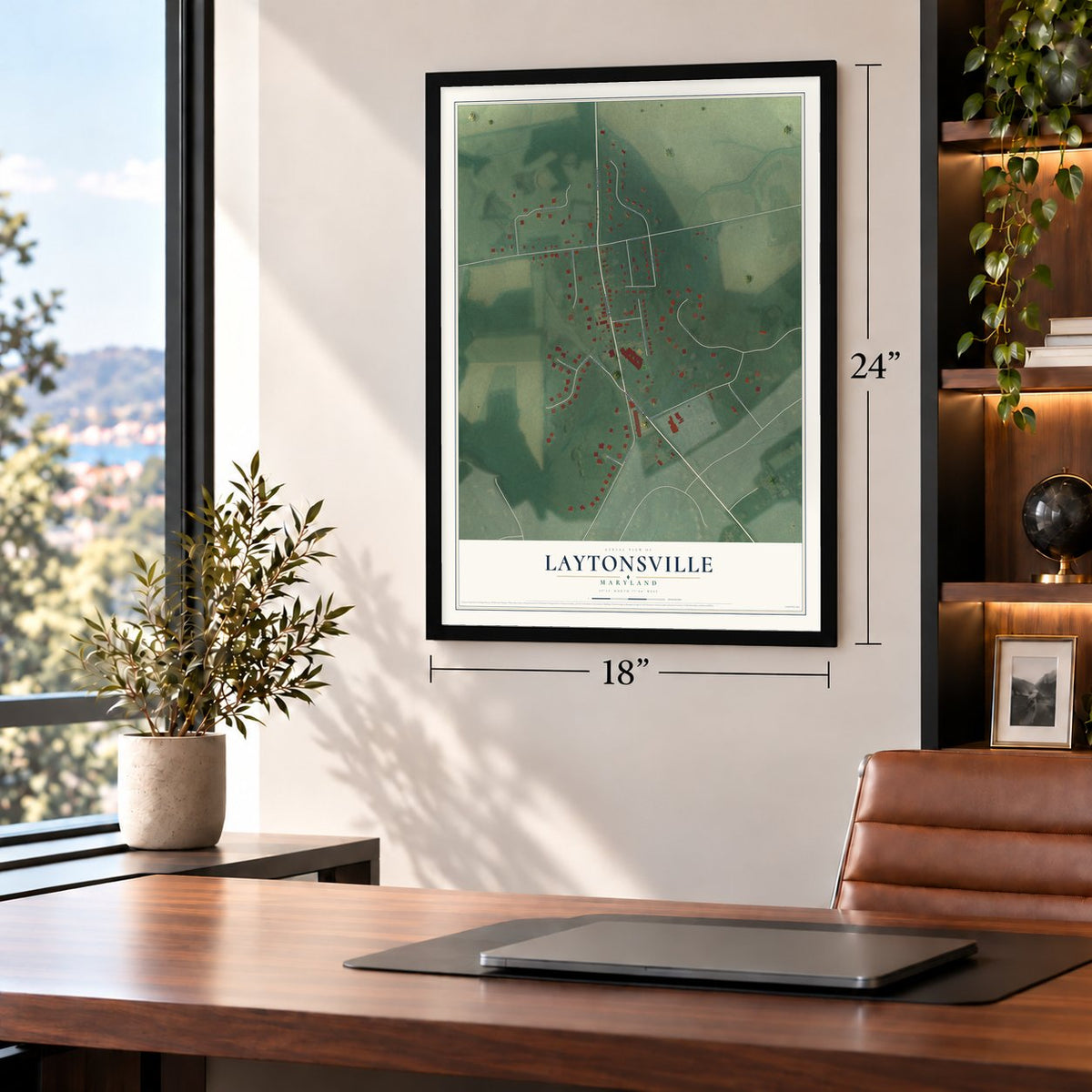 Laytonsville, Maryland map, 18 x 24 inch print in a black frame in a home office