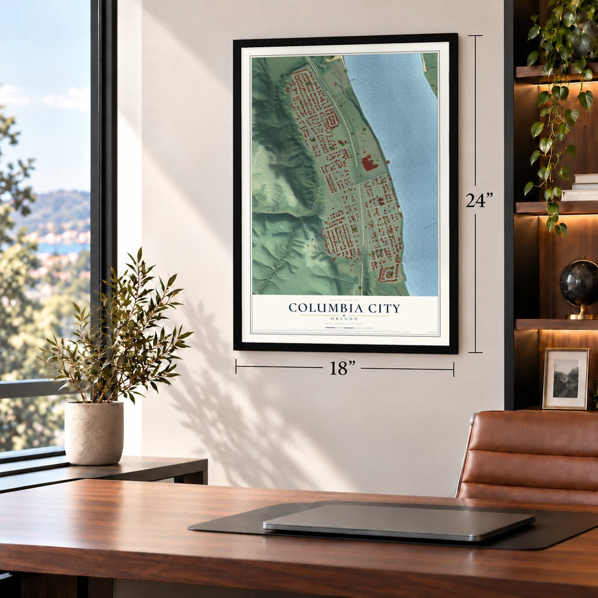 Columbia City, Oregon map, 18 x 24 inch print in a black frame in a home office