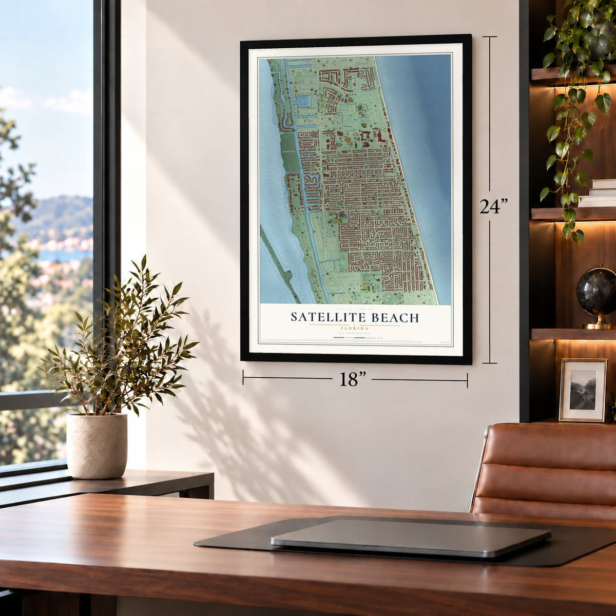 Satellite Beach, Florida map, 18 x 24 inch print in a black frame in a home office