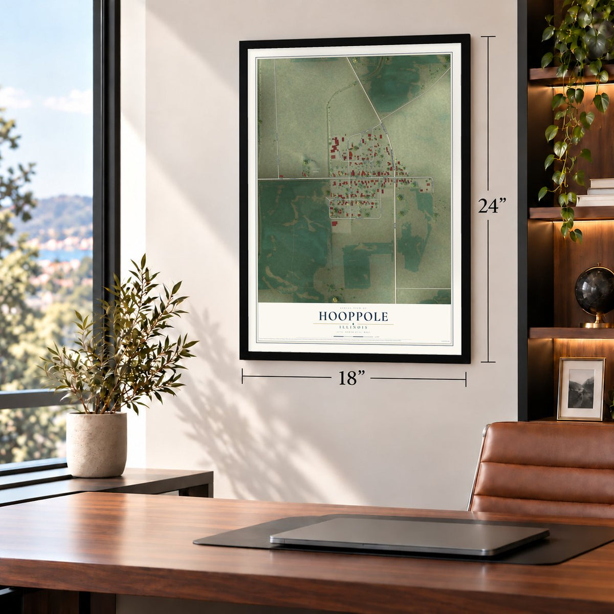 Hooppole, Illinois map, 18 x 24 inch print in a black frame in a home office