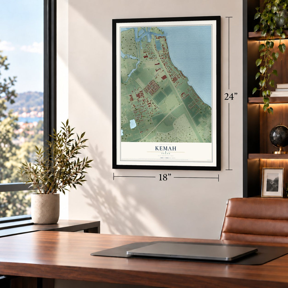 Kemah, Texas map, 18 x 24 inch print in a black frame in a home office