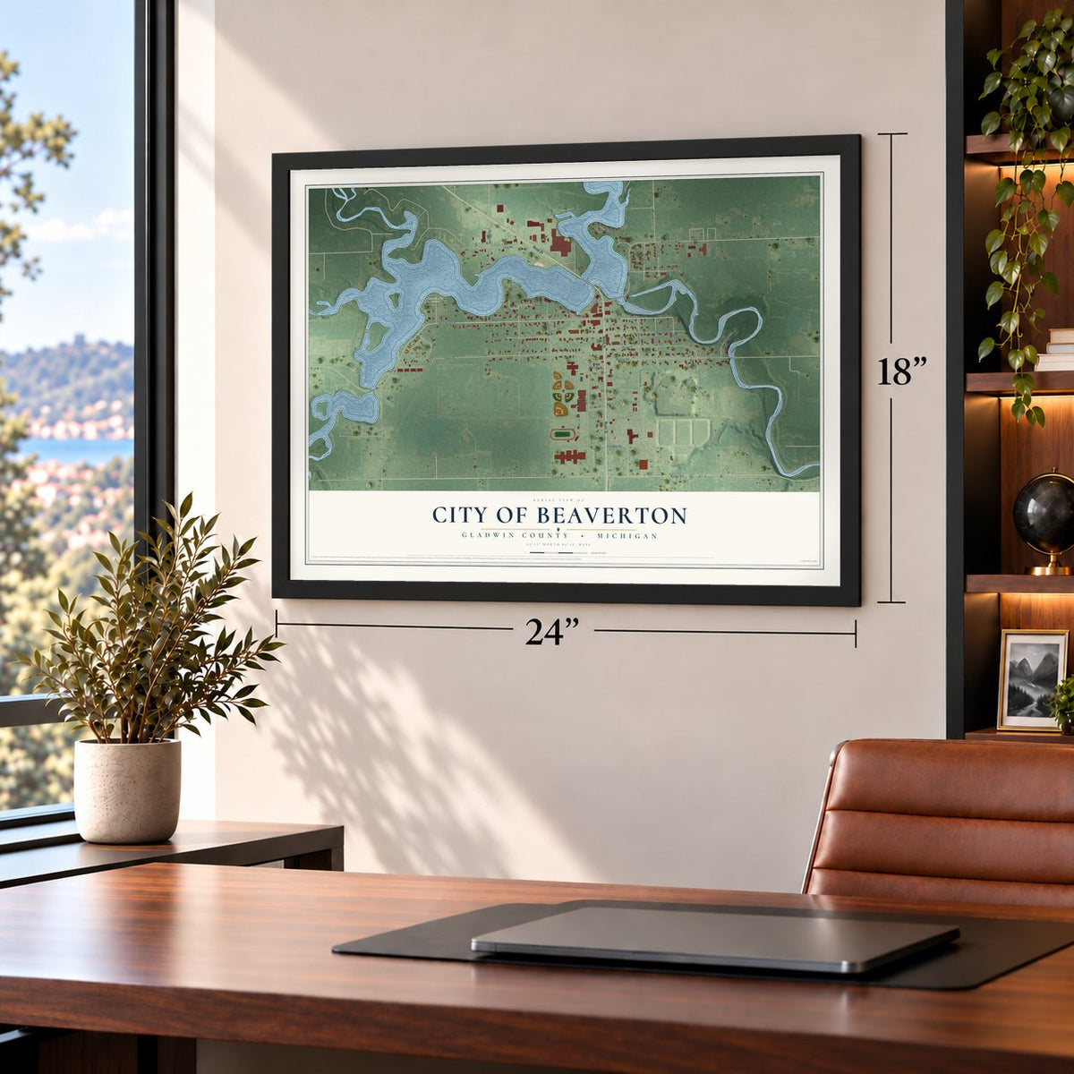 Beaverton, Michigan map, 18 x 24 inch print in a black frame in a home office