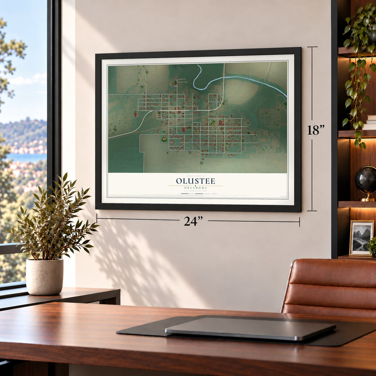 Olustee, Oklahoma map, 18 x 24 inch print in a black frame in a home office