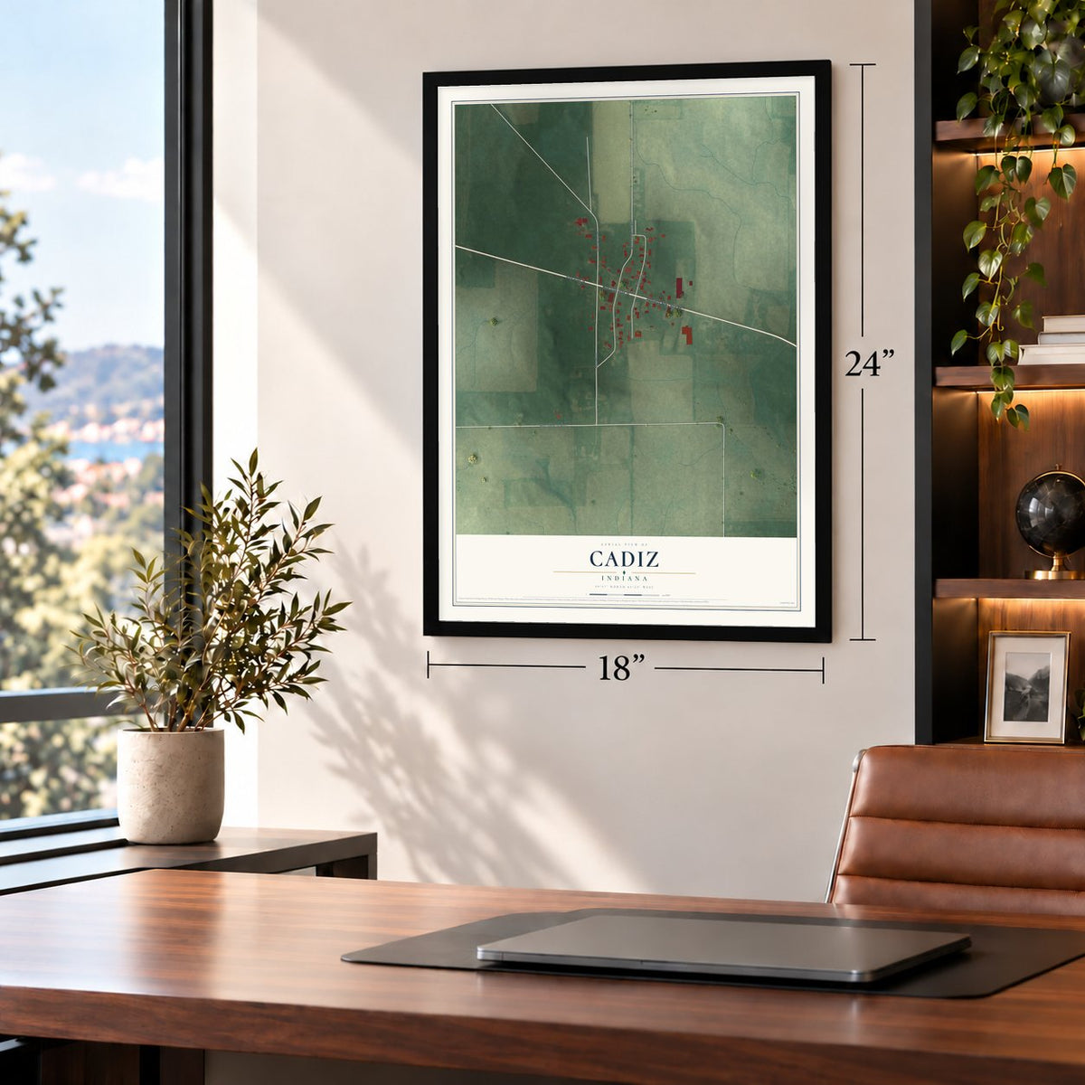 Cadiz, Indiana map, 18 x 24 inch print in a black frame in a home office