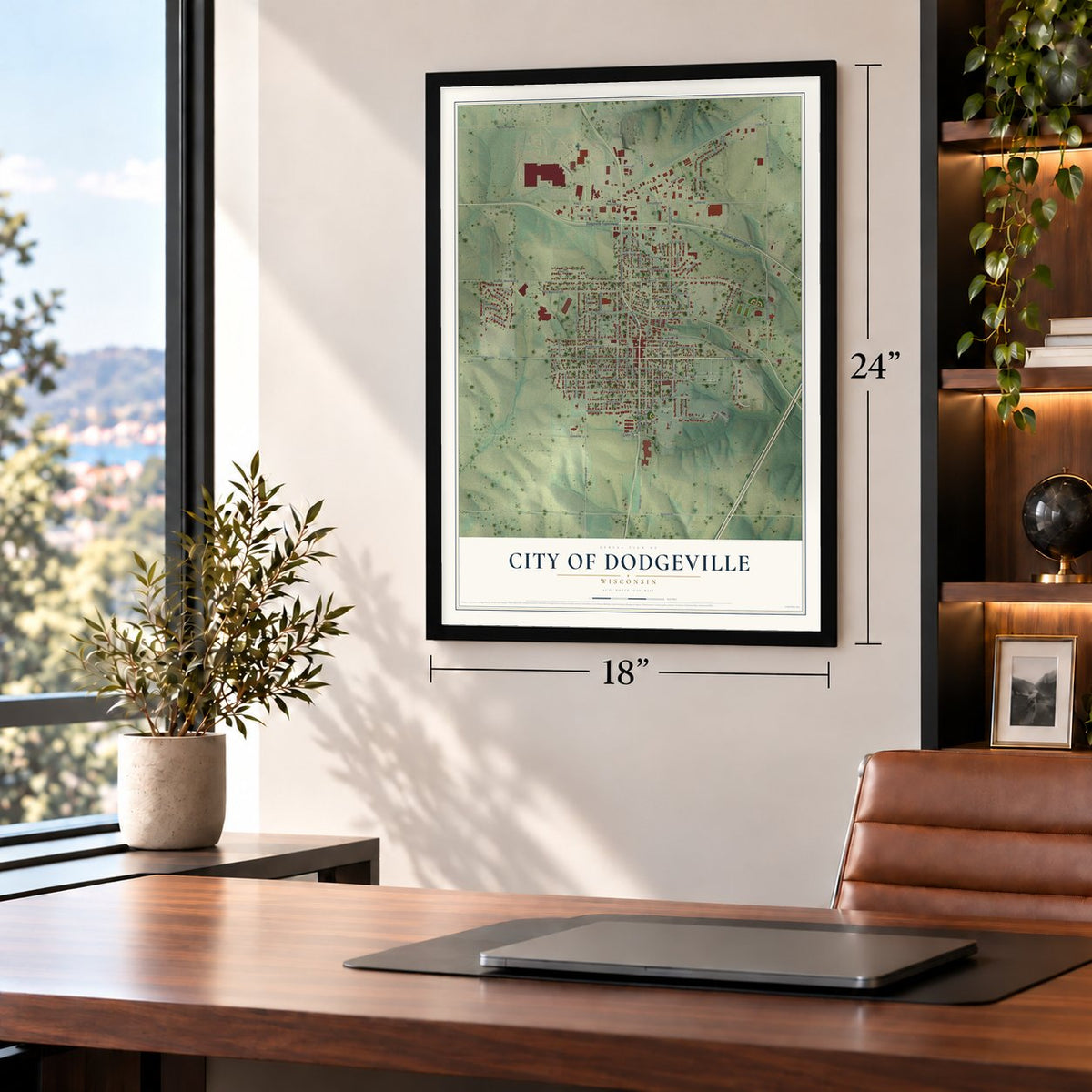 Dodgeville, Wisconsin map, 18 x 24 inch print in a black frame in a home office