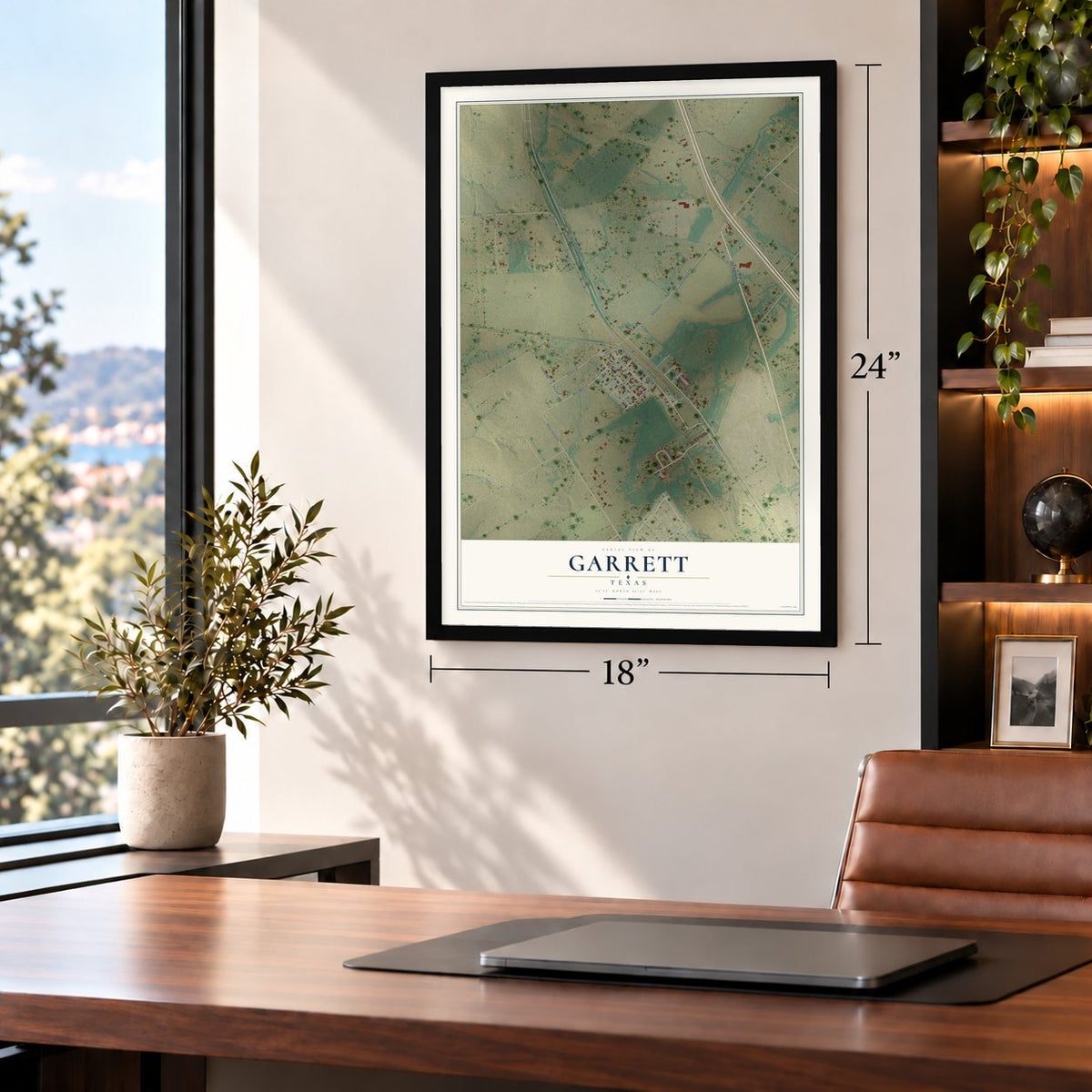 Garrett, Texas map, 18 x 24 inch print in a black frame in a home office