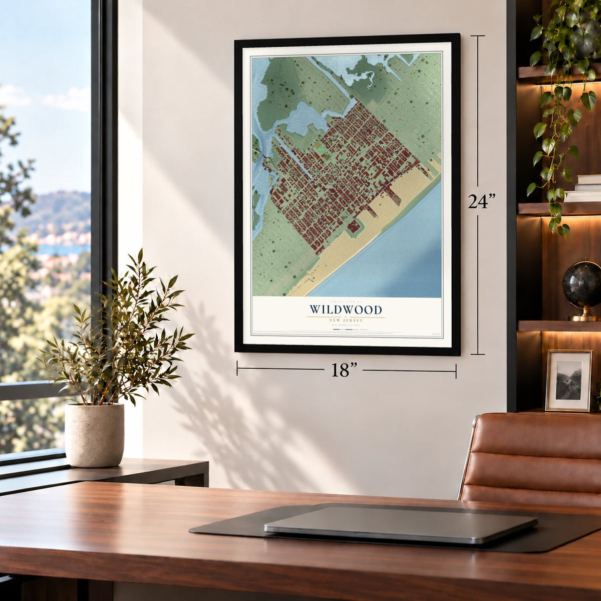 Wildwood, New Jersey map, 18 x 24 inch print in a black frame in a home office