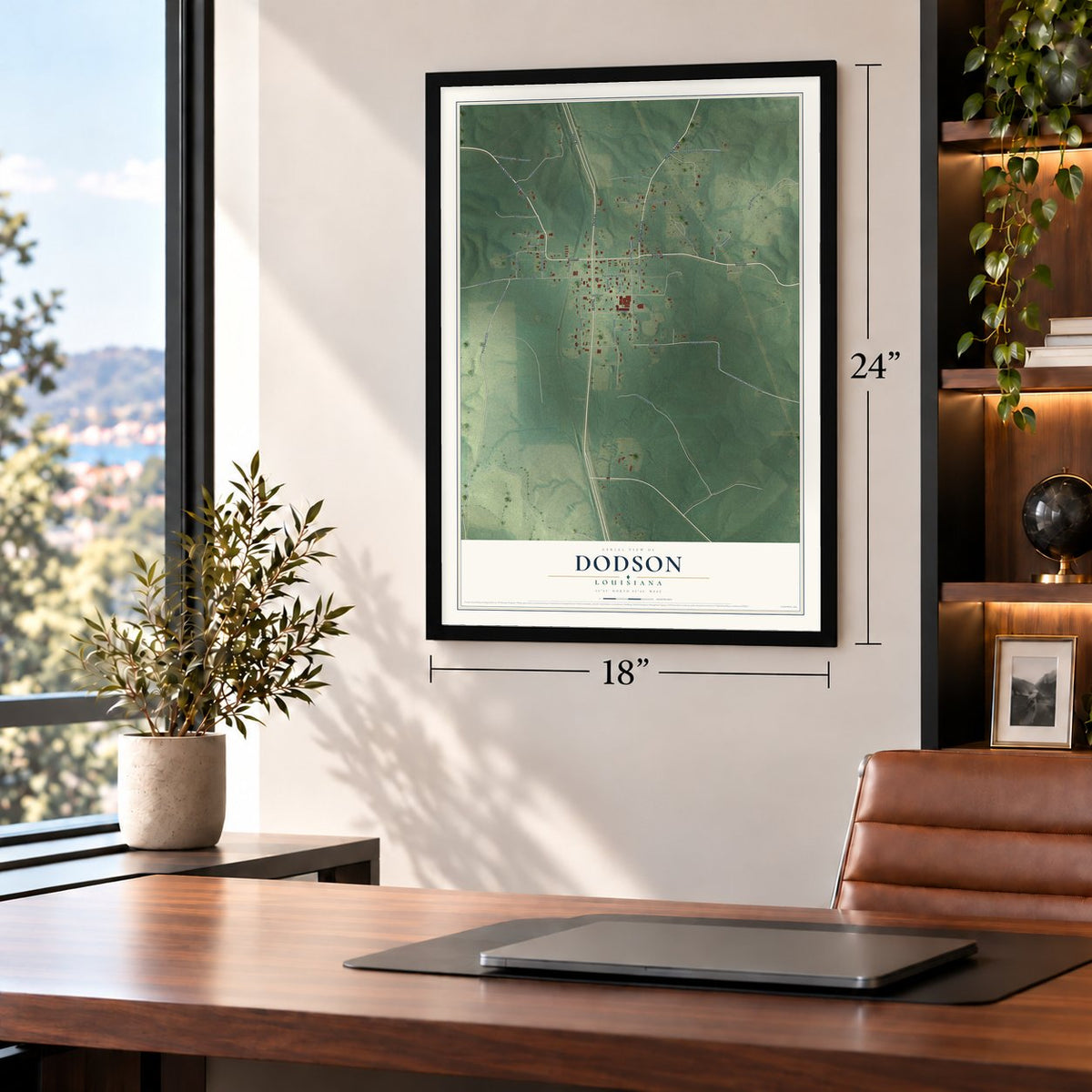 Dodson, Louisiana map, 18 x 24 inch print in a black frame in a home office