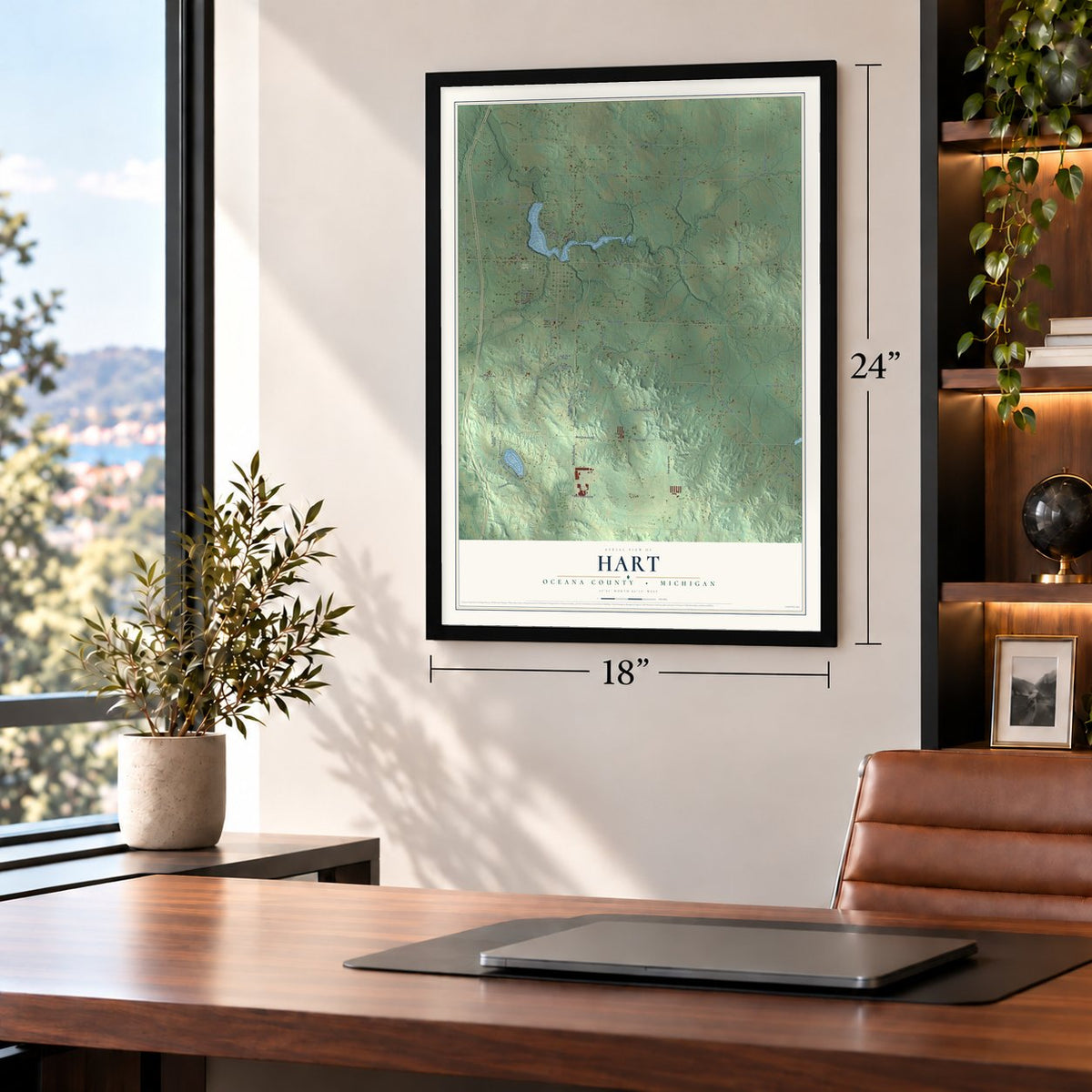 Hart, Oceana County, Michigan map, 18 x 24 inch print in a black frame in a home office