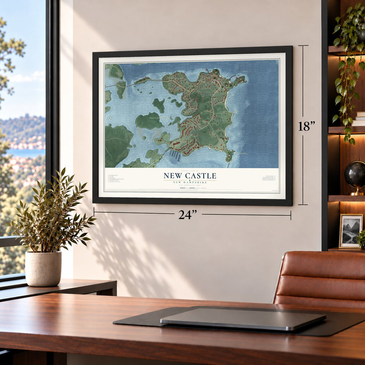 New Castle, New Hampshire map, 18 x 24 inch print in a black frame in a home office