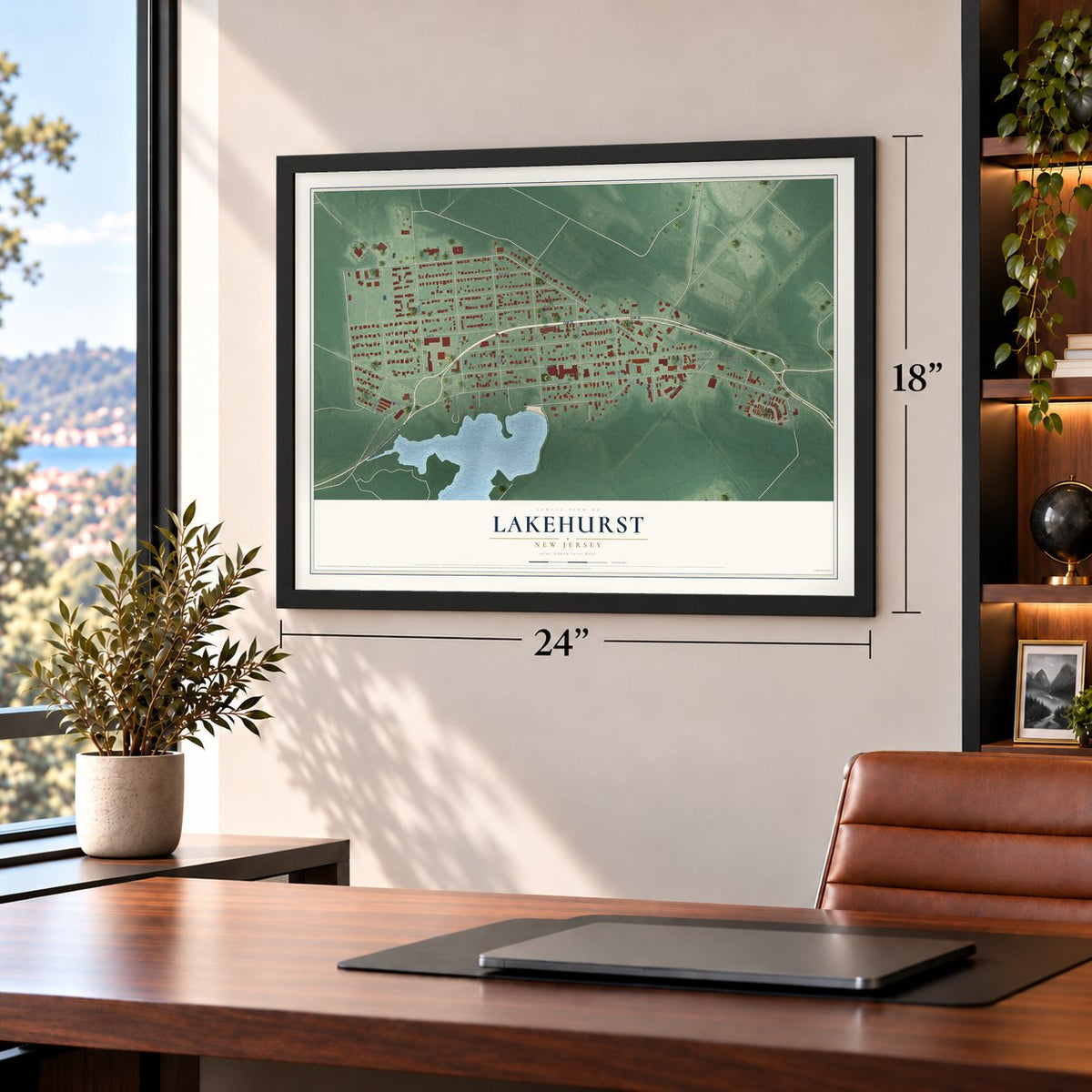 Lakehurst, New Jersey map, 18 x 24 inch print in a black frame in a home office