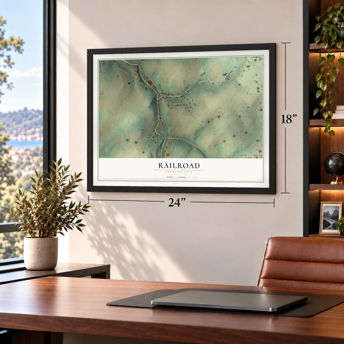 Railroad, Pennsylvania map, 18 x 24 inch print in a black frame in a home office