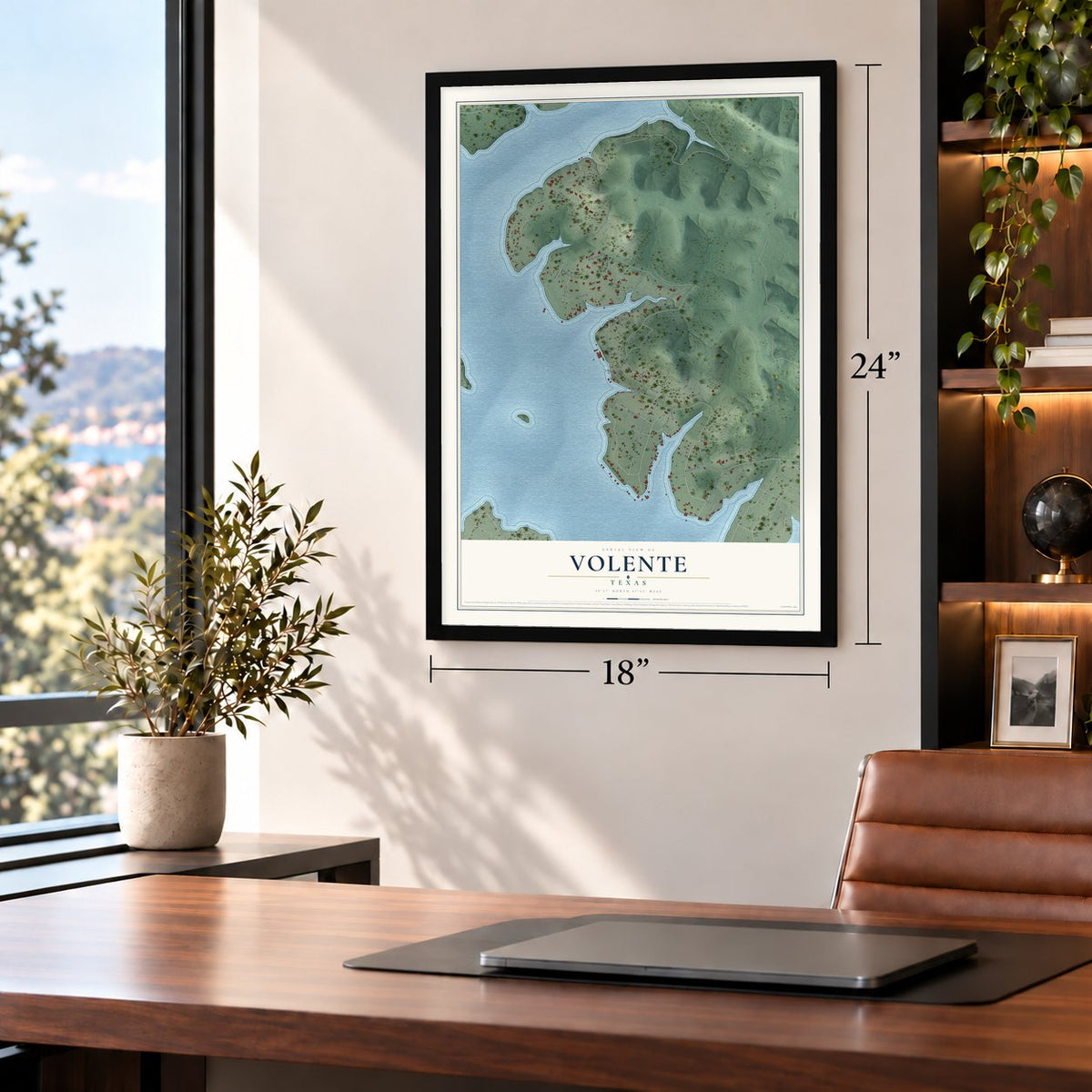 Volente, Texas map, 18 x 24 inch print in a black frame in a home office
