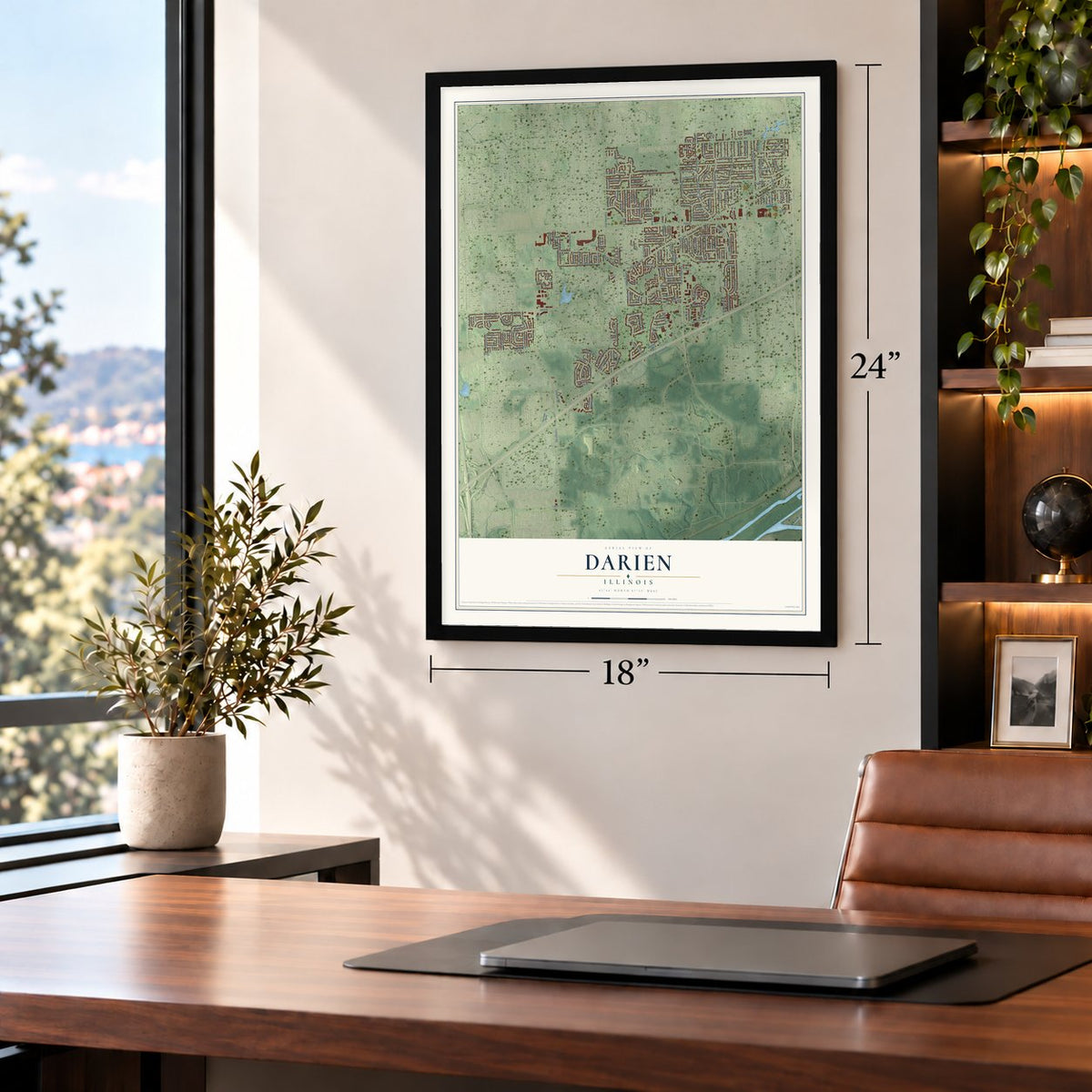 Darien, Illinois map, 18 x 24 inch print in a black frame in a home office