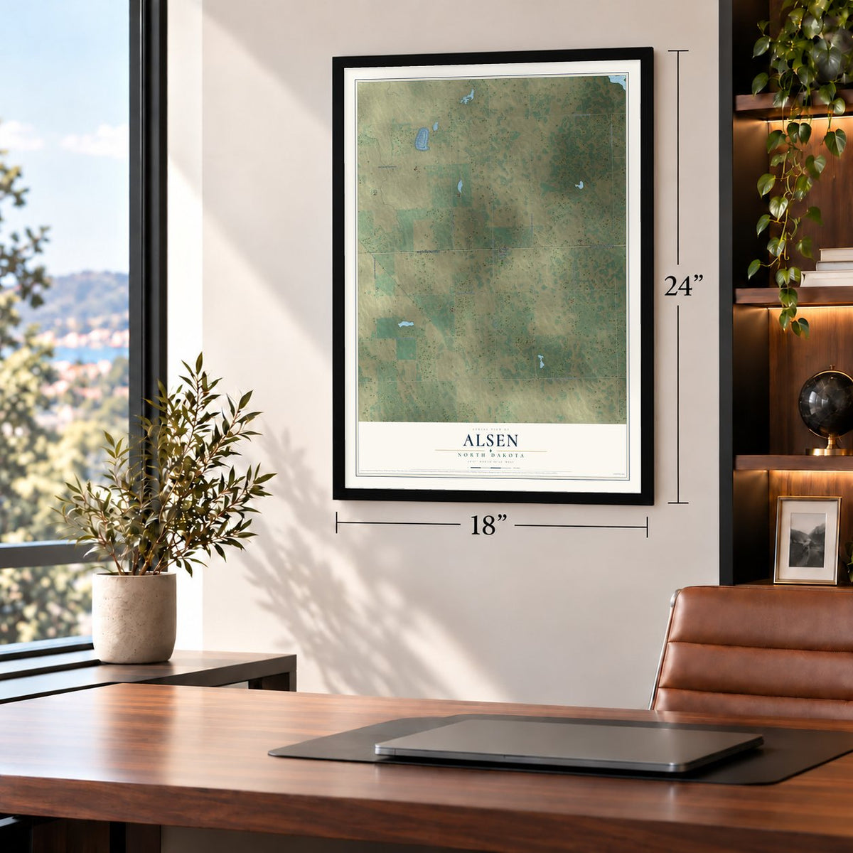 Alsen, North Dakota map, 18 x 24 inch print in a black frame in a home office