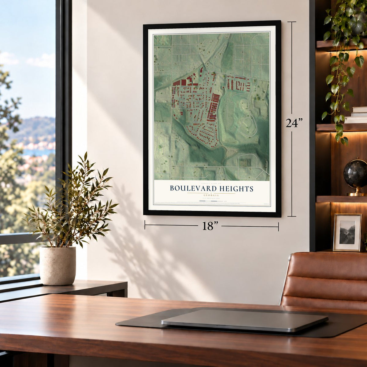 Boulevard Heights, Georgia map, 18 x 24 inch print in a black frame in a home office