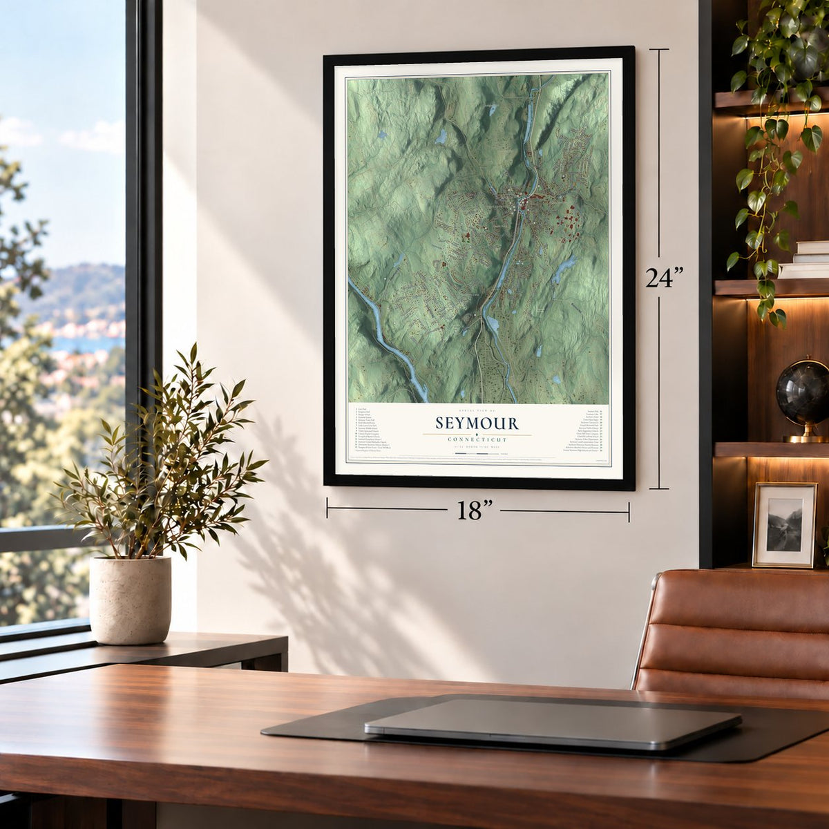 Seymour, Connecticut map, 18 x 24 inch print in a black frame in a home office